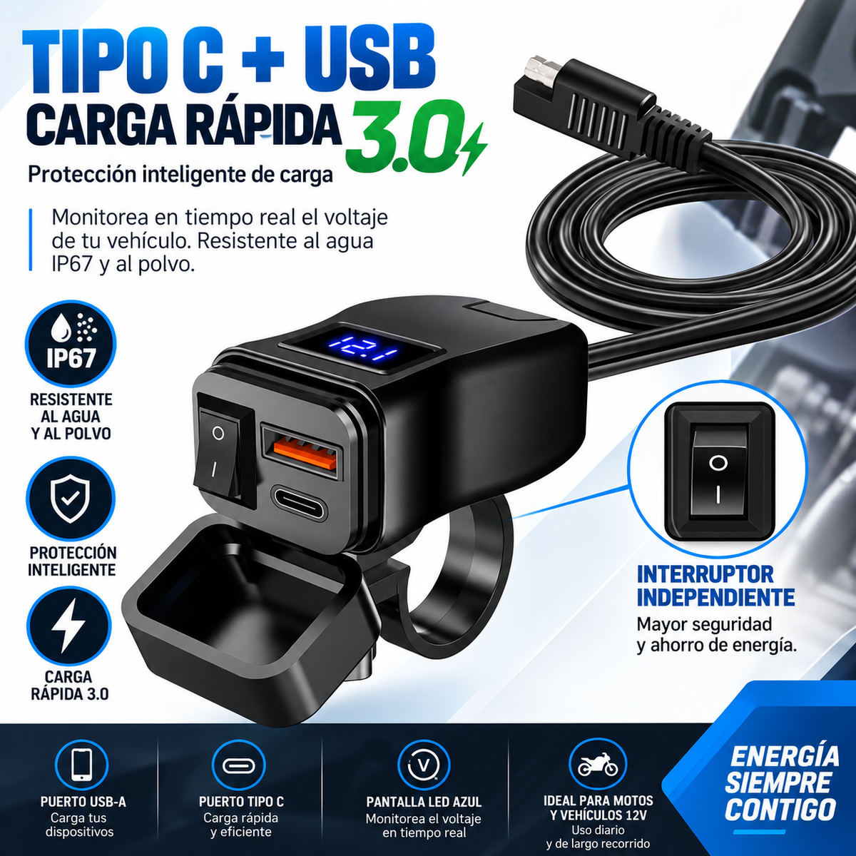 Cargador USB Rápido para Moto — Puerto Tipo C y QC3.0 con Voltímetro