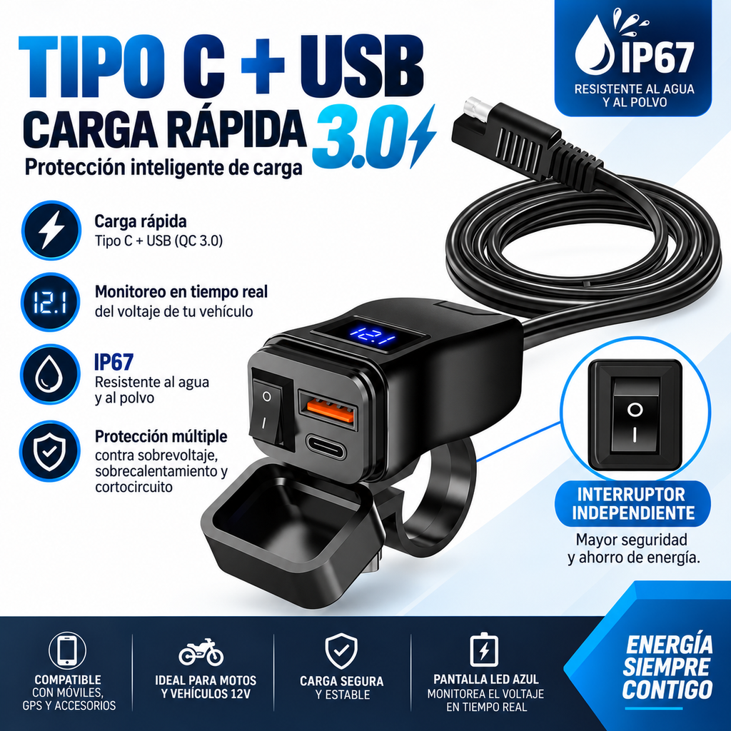 Cargador USB Rápido para Moto — Puerto Tipo C y QC3.0 con Voltímetro