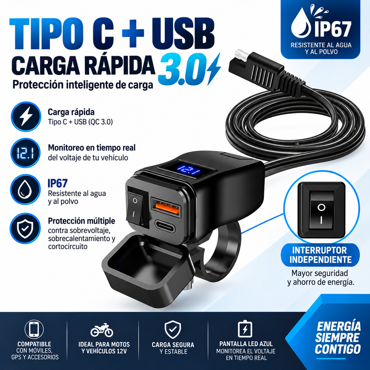 Cargador USB Rápido para Moto — Puerto Tipo C y QC3.0 con Voltímetro