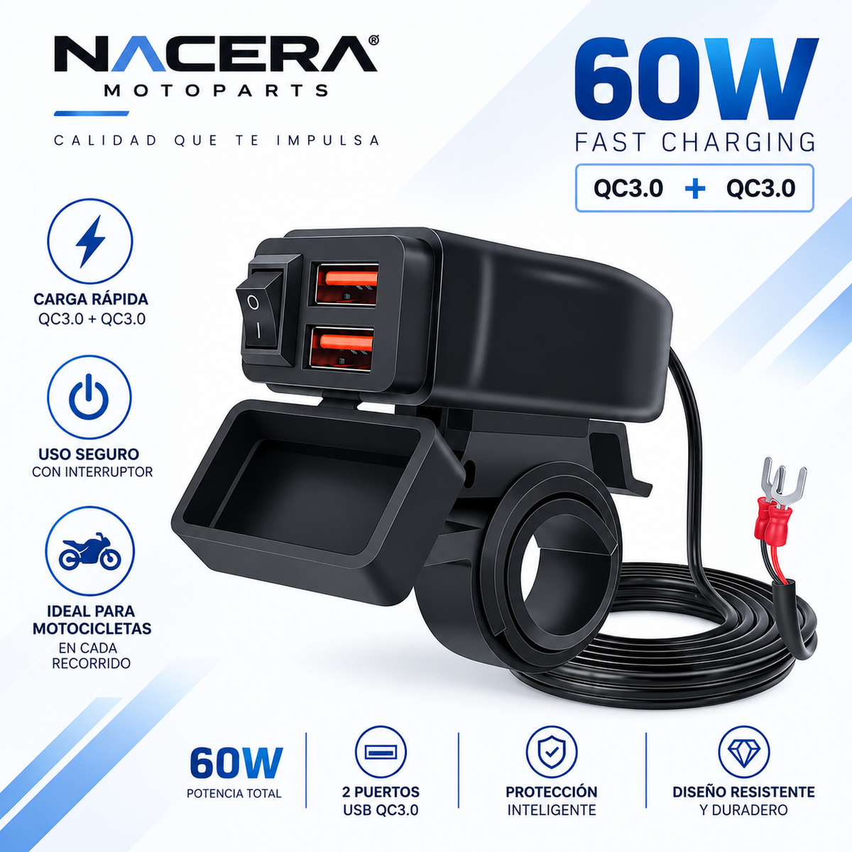 Cargador USB Rápido para Moto — Puerto Tipo C y QC3.0 con Voltímetro