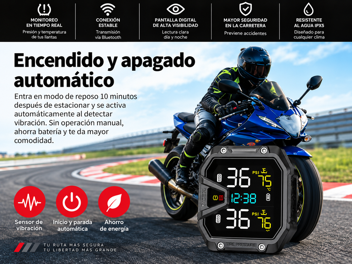 Monitor de Presión de Llantas TPMS para Moto — Pantalla LCD Color, Sensores Externos, Monitoreo en Tiempo Real