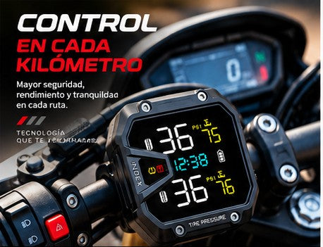 Monitor de Presión de Llantas TPMS para Moto — Pantalla LCD Color, Sensores Externos, Monitoreo en Tiempo Real