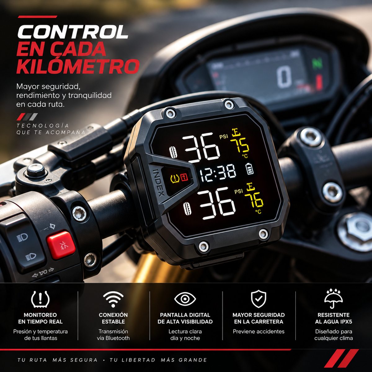Monitor de Presión de Llantas TPMS para Moto — Pantalla LCD Color, Sensores Externos, Monitoreo en Tiempo Real