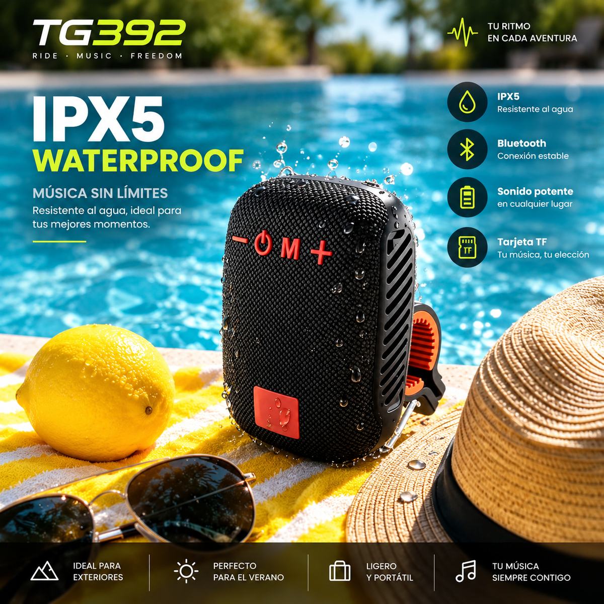 Parlante Bluetooth Portátil para Moto y Bicicleta — Resistente al Agua IPX5, Radio AM/FM para Manillar