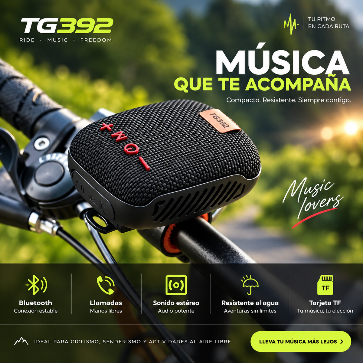 Parlante Bluetooth Portátil para Moto y Bicicleta — Resistente al Agua IPX5, Radio AM/FM para Manillar