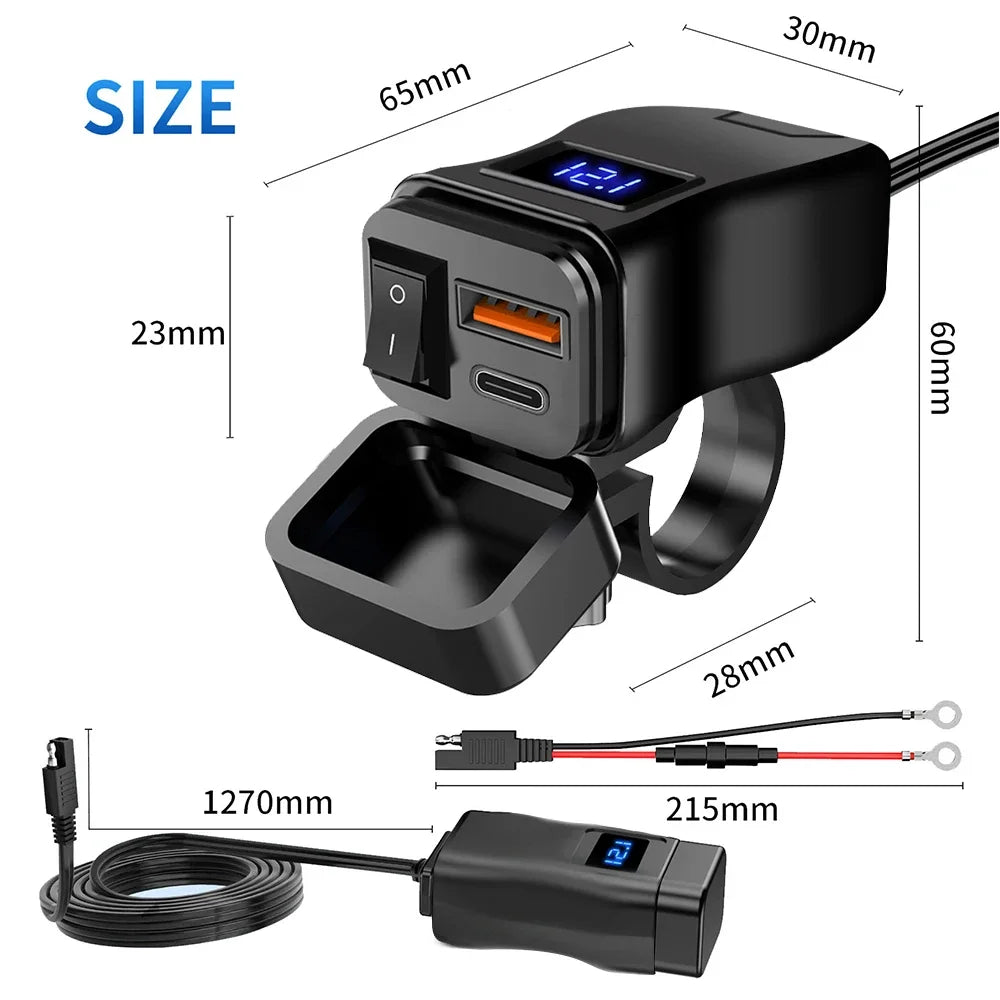 Cargador USB Rápido para Moto — Puerto Tipo C y QC3.0 con Voltímetro