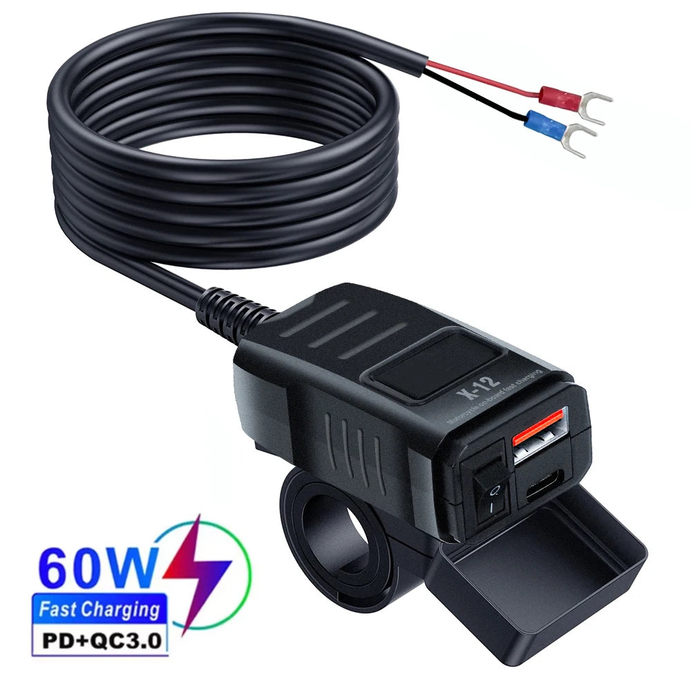 Cargador USB Rápido para Moto — Puerto Tipo C y QC3.0 con Voltímetro