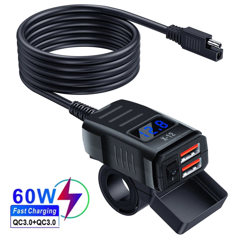 Cargador USB Rápido para Moto — Puerto Tipo C y QC3.0 con Voltímetro