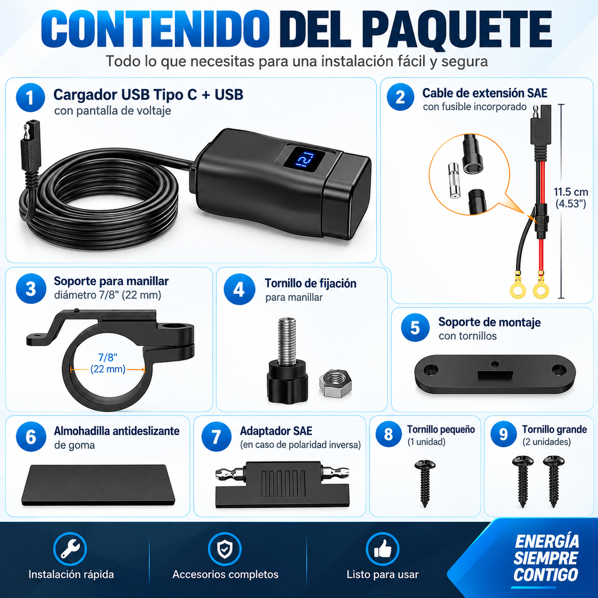 Cargador USB Rápido para Moto — Puerto Tipo C y QC3.0 con Voltímetro